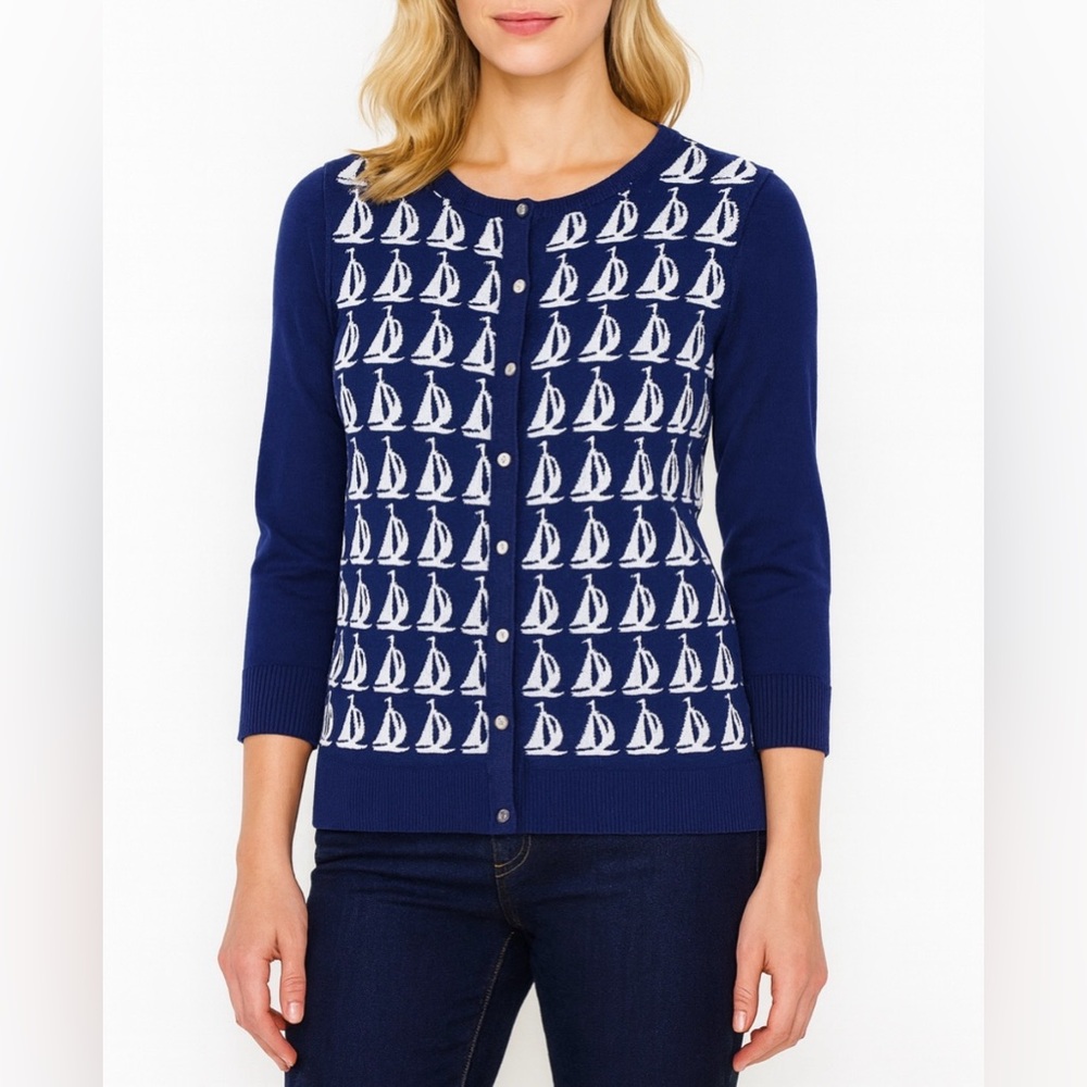 Coldwater Creek 100% Cotton Blue Sailboats Buttoned Cardigan Sweater Size Large
